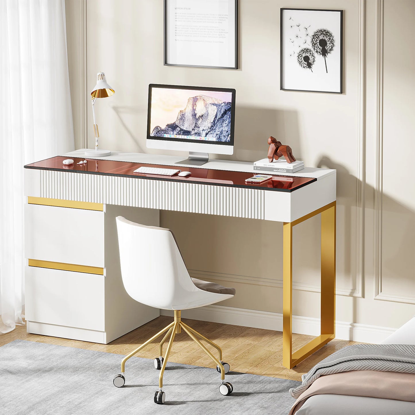 47" Modern White Gold Computer Desk