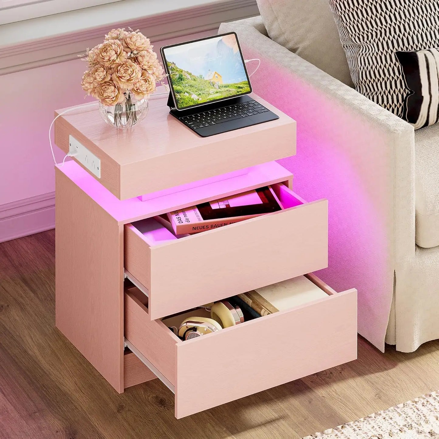 Modern Black LED Nightstand Set Bedside