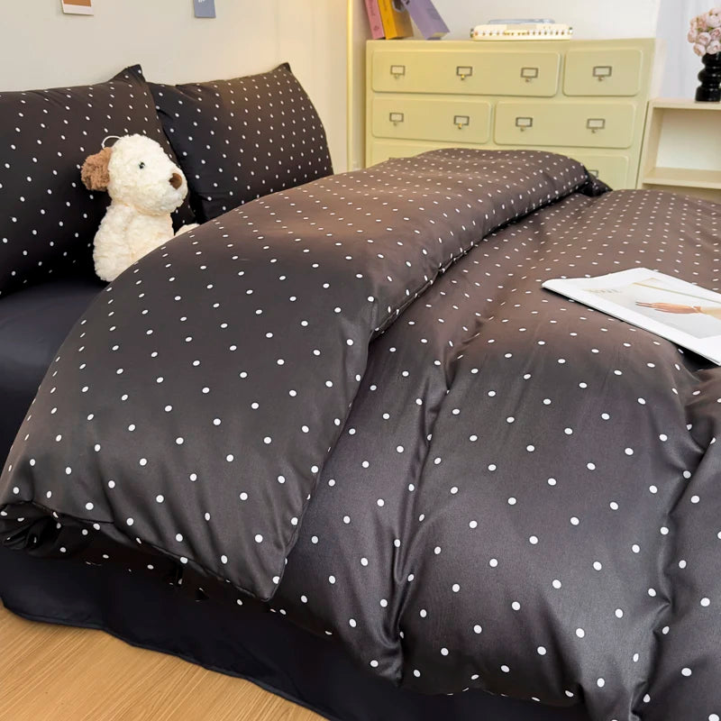 3-Piece Satin Duvet Cover Set – Soft & Silky Black Dot Print Bedding