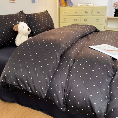 3-Piece Satin Duvet Cover Set – Soft & Silky Black Dot Print Bedding