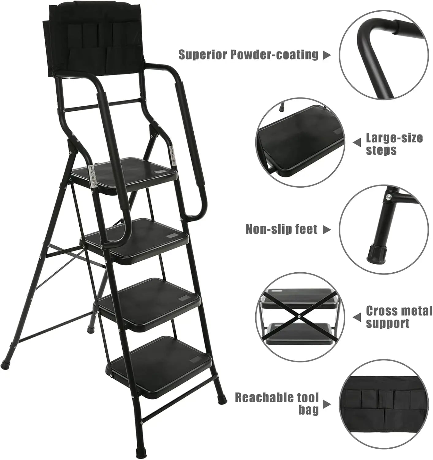 4-Step Folding Ladder with Handrails Steel