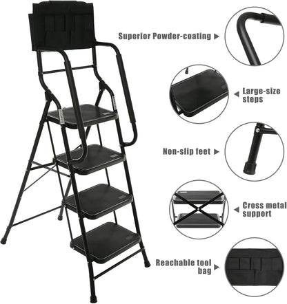 4-Step Folding Ladder with Handrails Steel