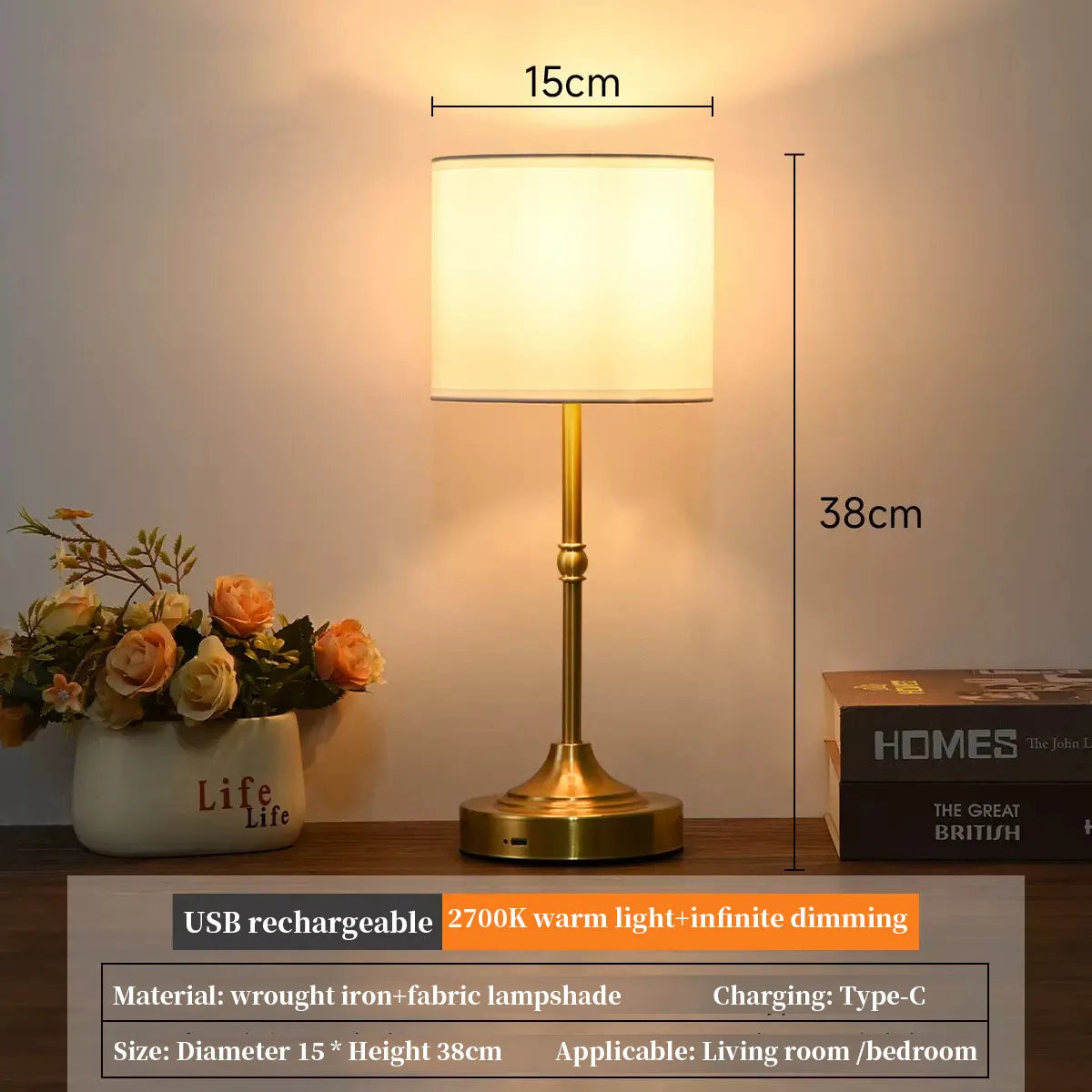 Rechargeable Dimmable Fabric Table Lamp – Portable Touch Lamp for Bedroom & Living Room