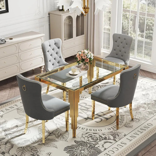 Glass Dining Table Set Gray Velvet Chairs