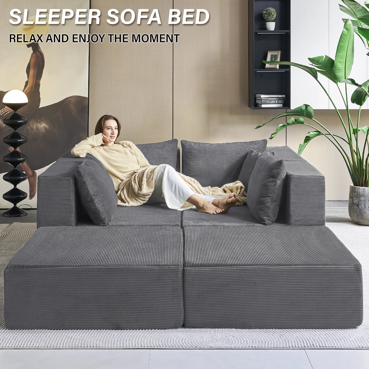 Large Modular Corduroy Sectional Sofa Sleeper Set