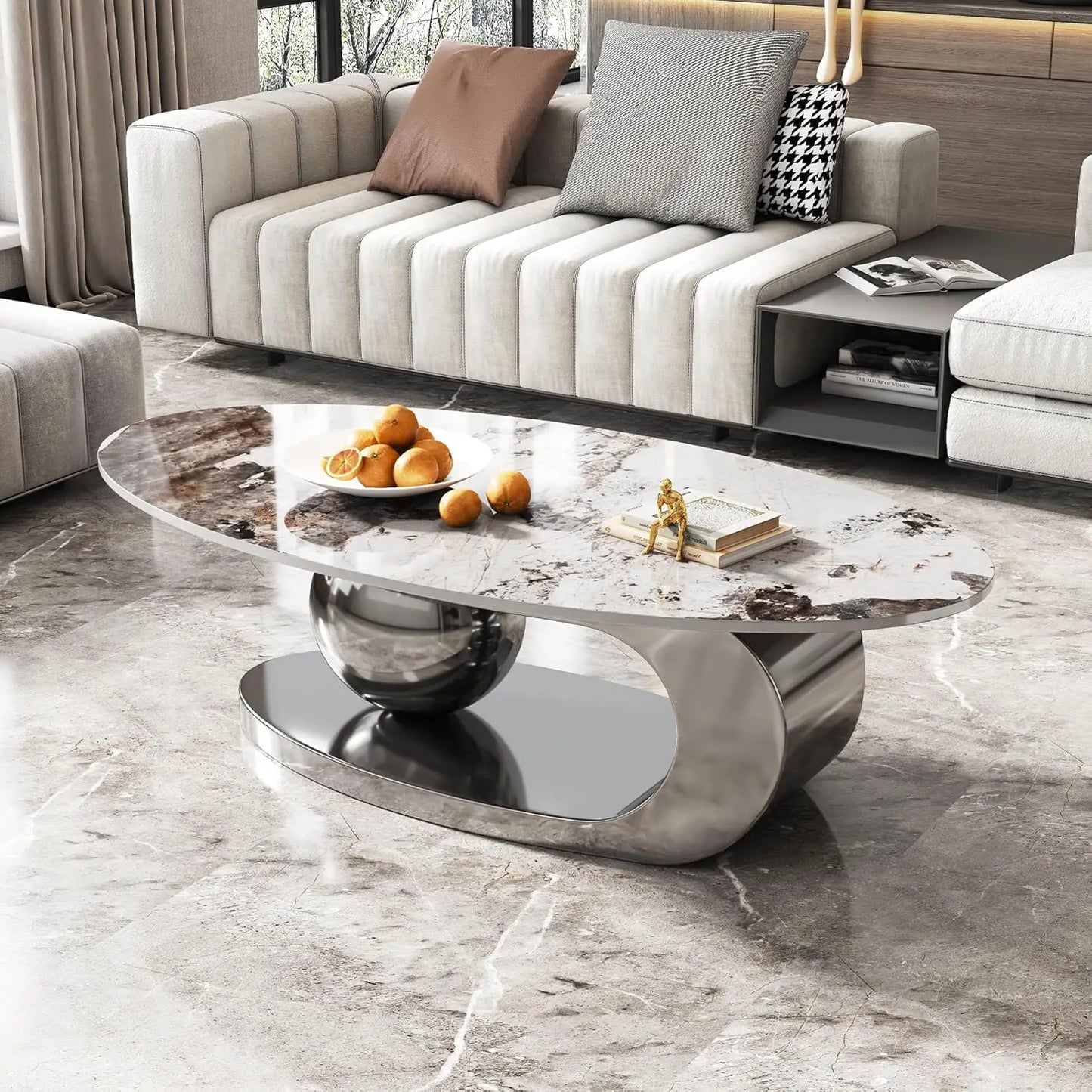 Luxury Oval Faux Marble Coffee Table